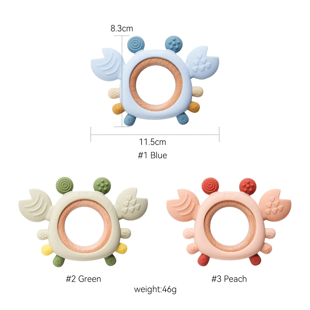 Massaggiagengive in silicone per bambini Giocattoli per bambini da 0 a 6 mesi BPA gratuito da masticare Giocattoli per dentizione Granchio Anello in legno Massaggiagengive Reborn in silicone Giocattoli per bambini