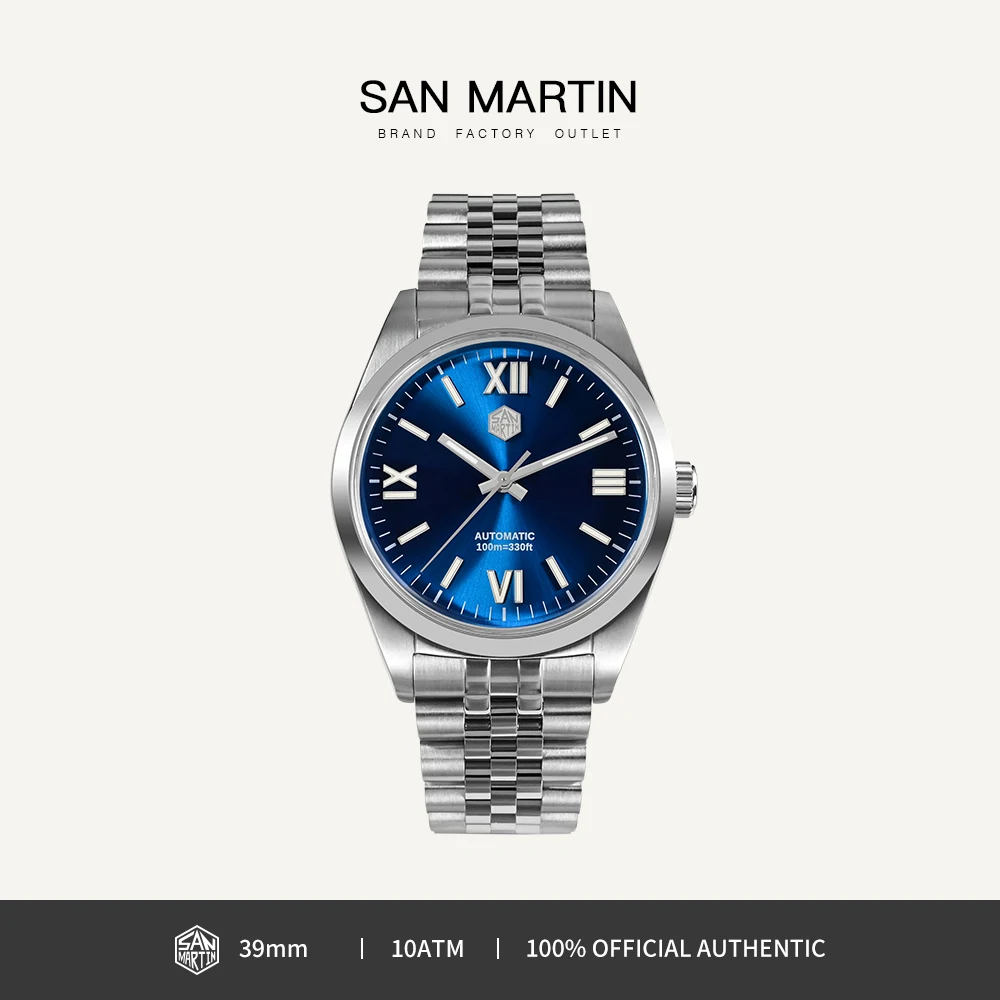 

San Martin 39mm Men Dress Automatic Mechanical Watch Steel YN55 Roman Numeral Sunray Dial Business Watches Sapphire 10Bar SN0050