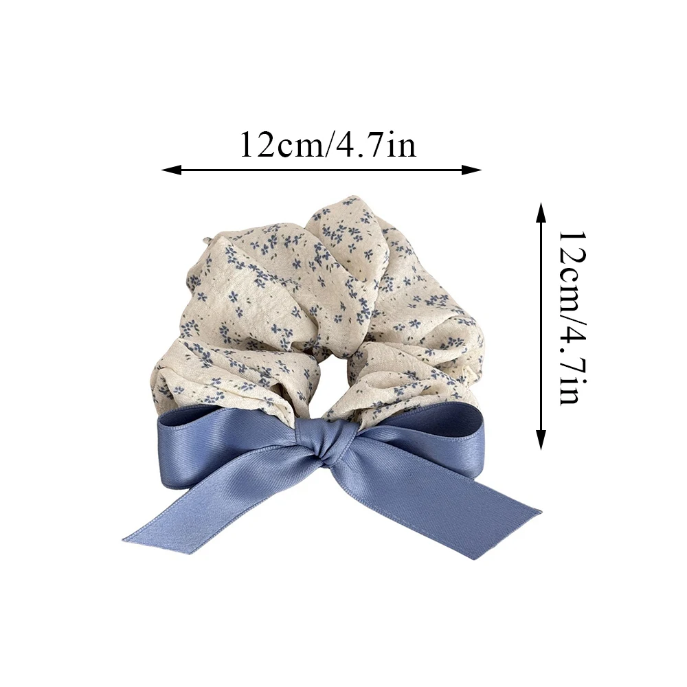 Korean Blue Floral Large Intestine Scrunchies Bow Ribbons Elastic Hair Ties Ponytail Holder Hair Rope Hair Accessories Headband