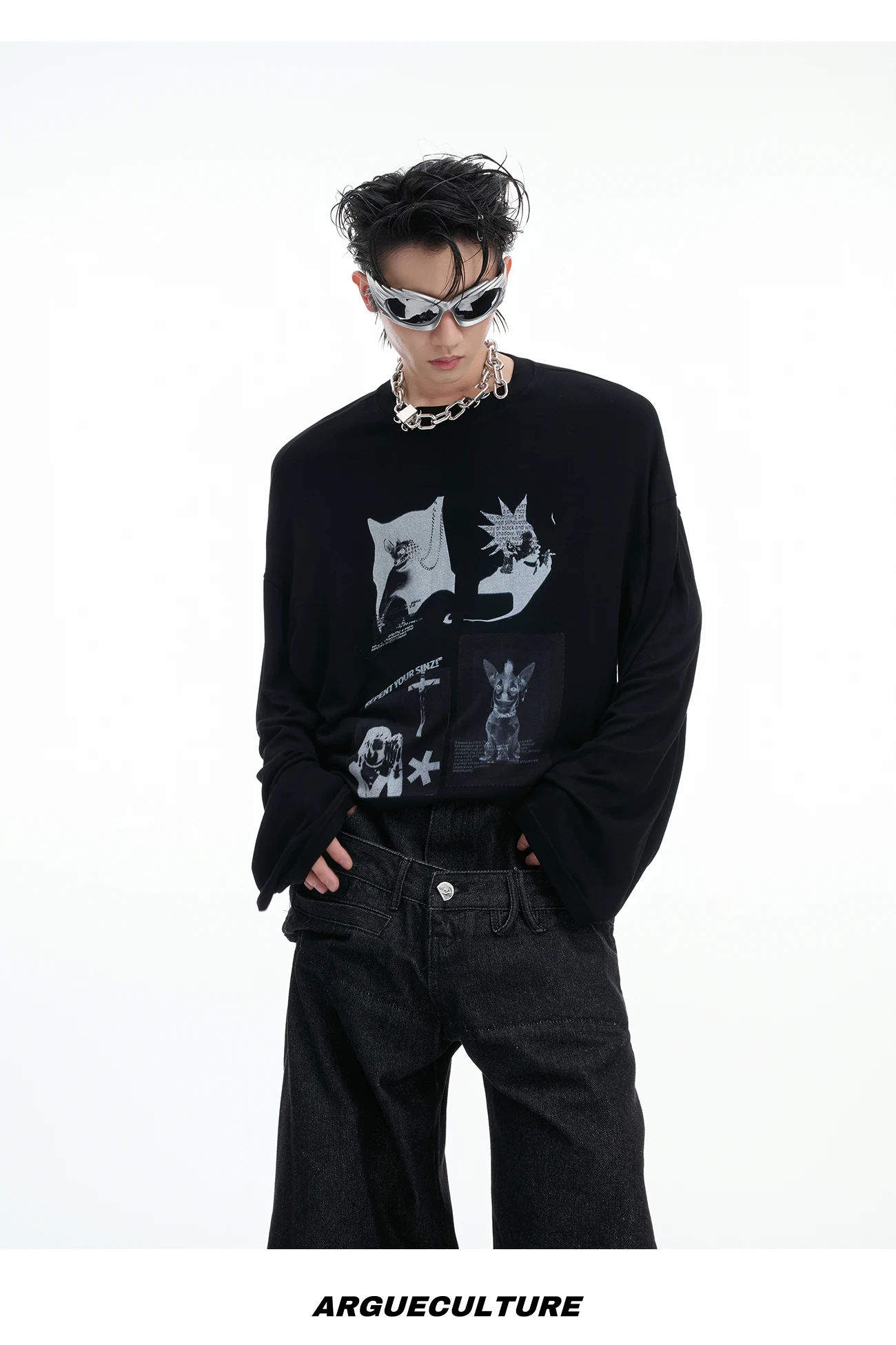 American Fashion Trend High Street Casual Short-sleeved T-shirt Handsome Man Loose Drape Comfortable Round Neck Long-sleeved Top