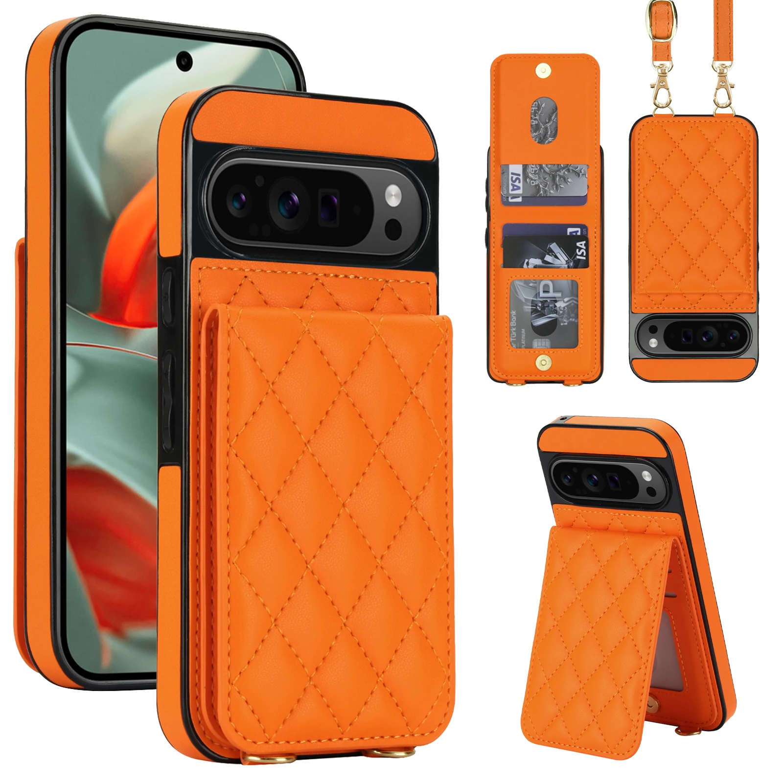 

Crossbody Strap Leather Geometric Card Holder Wallet Case For Google Pixel 10 Pro 10A 9 Pro XL 9A 8A 8, Flip Stand Phone Cover