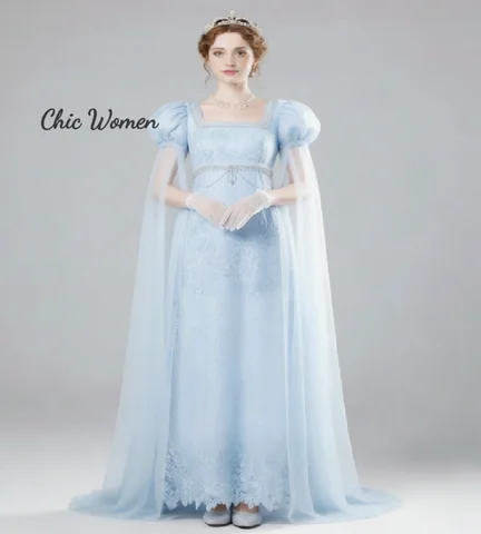 Fairytale Blue Bridgerton Costume Prom Dress Cape Sleeve Square Neck Maxi Evening Gown Civil War Medieval Whimsical Formal Party