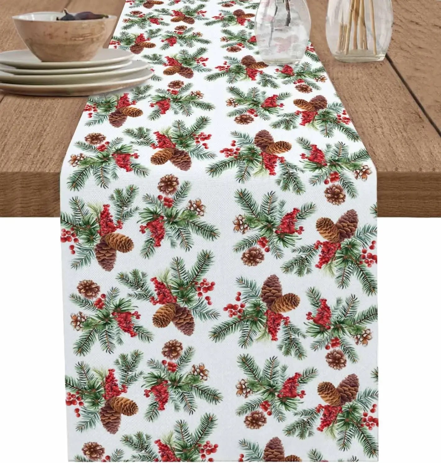 Christmas Pine Needles Pinecones Linen Table Runner Party Decor Washable Kitchen Dinning Table Runners Christmas Decorations