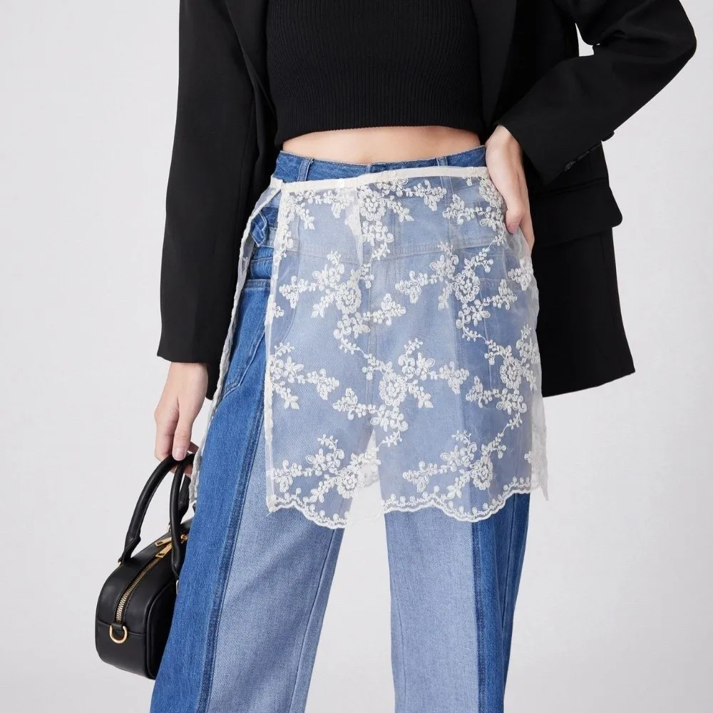 Lace Gauze Fake Skirs Matching Pants Dress Floral Embroidery Half Body Gauze Skirt Streetwear Y2k Wrap Butt Curtain Women