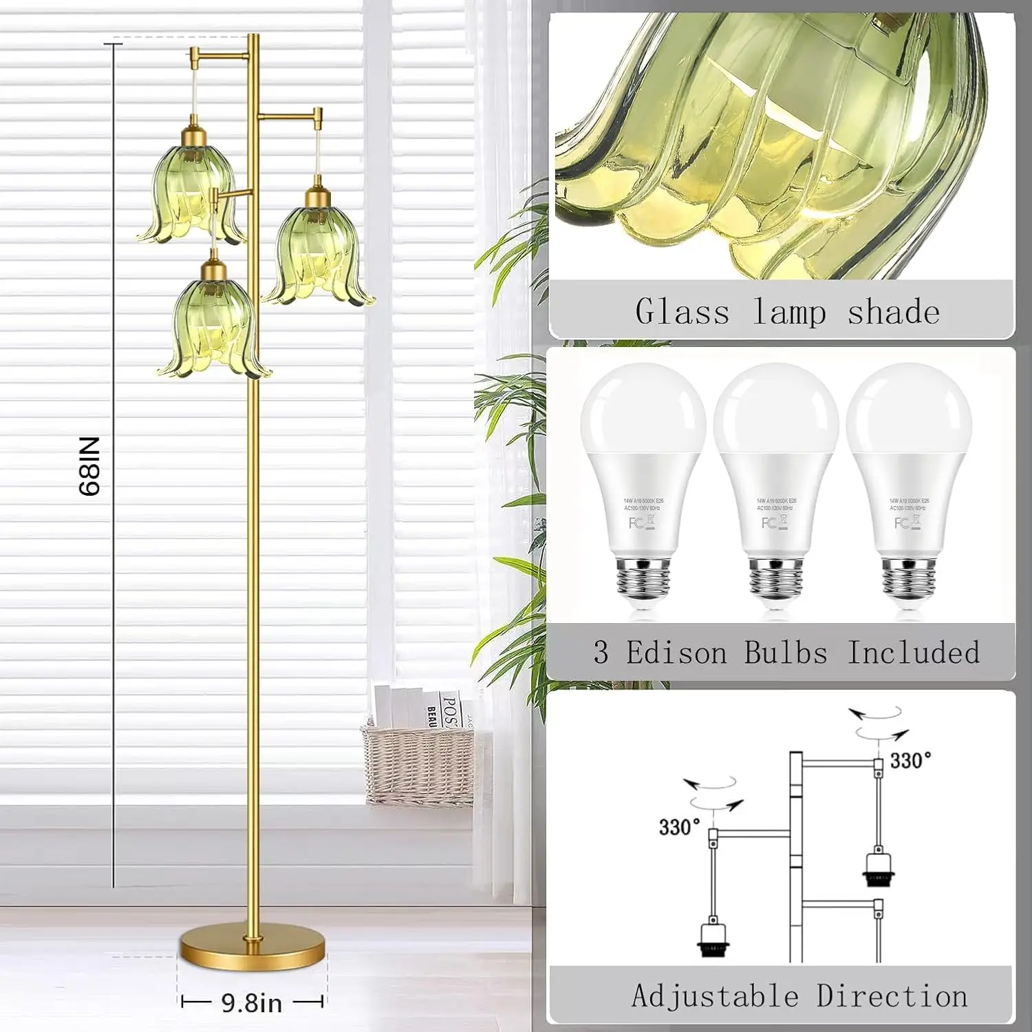 

Gold Floor Lamp for Living Room,Bedroom,Tree 3 Light Standing Lamp Mid Century Modern Brass Tall Floor Lamps Vintage Retro