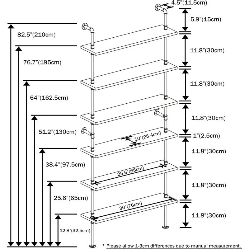 Pipe Shelves, Wall Mounted Wood Metal Industrial Shelves, Ladder Bookshelf for Living Room