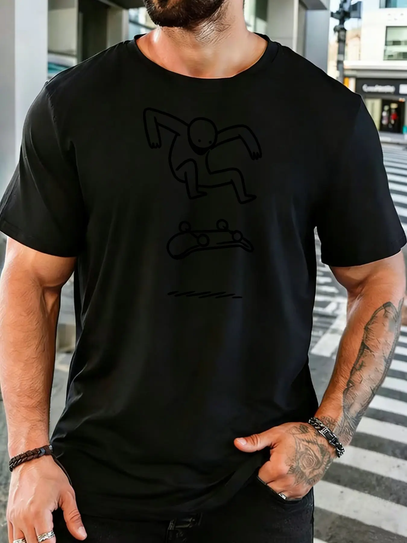 Men Cotton Crew Neck Tee Minimal Stick Figure Skateboard Graphic Short Sleeve T Shirt Skate Lover Street Sport Daily Casual Top