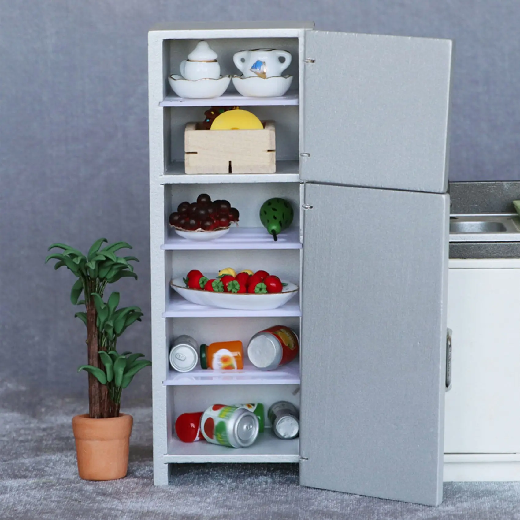 WOTT-1/12 maison de poupée Miniature en bois Double porte réfrigérateur Simulation modèle de réfrigérateur pour la décoration de la maison