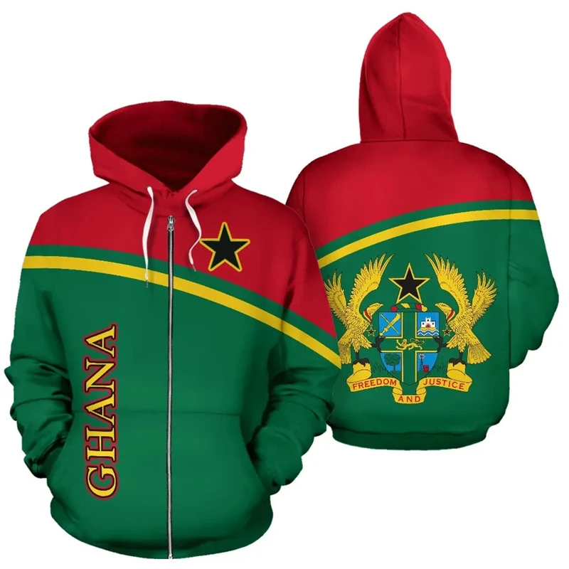 Ghana Flag Map Graphic Sweatshirts GHA National Emblem Zip Up Hoodie For Men Clothes Africa Boy Hoody Casual Male Tracksuit Tops