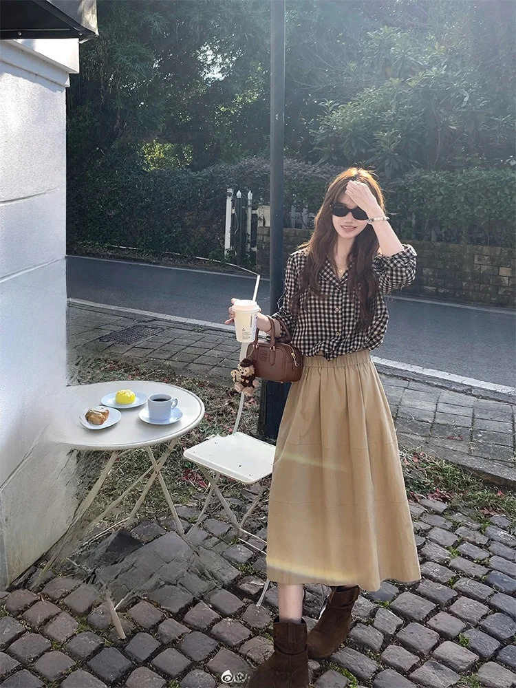 

Miaolab Retro Bla Coffee Cheered irt Women's Waist-Cinching Suit Collar Tie-Belted Cotton Long Sve Busin irt