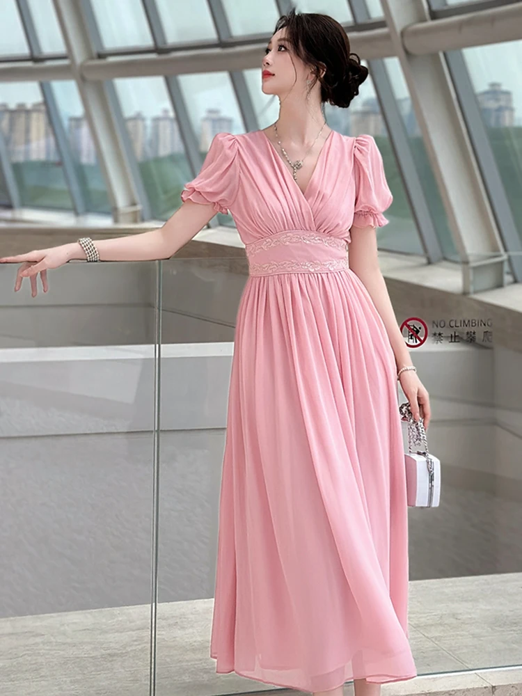 Women Vacation Clothes Chiffon Sweet Pink Short Sleeve Corset A-Line Long Dress Elegant Evening Party Prom Vestidos Robe Casual