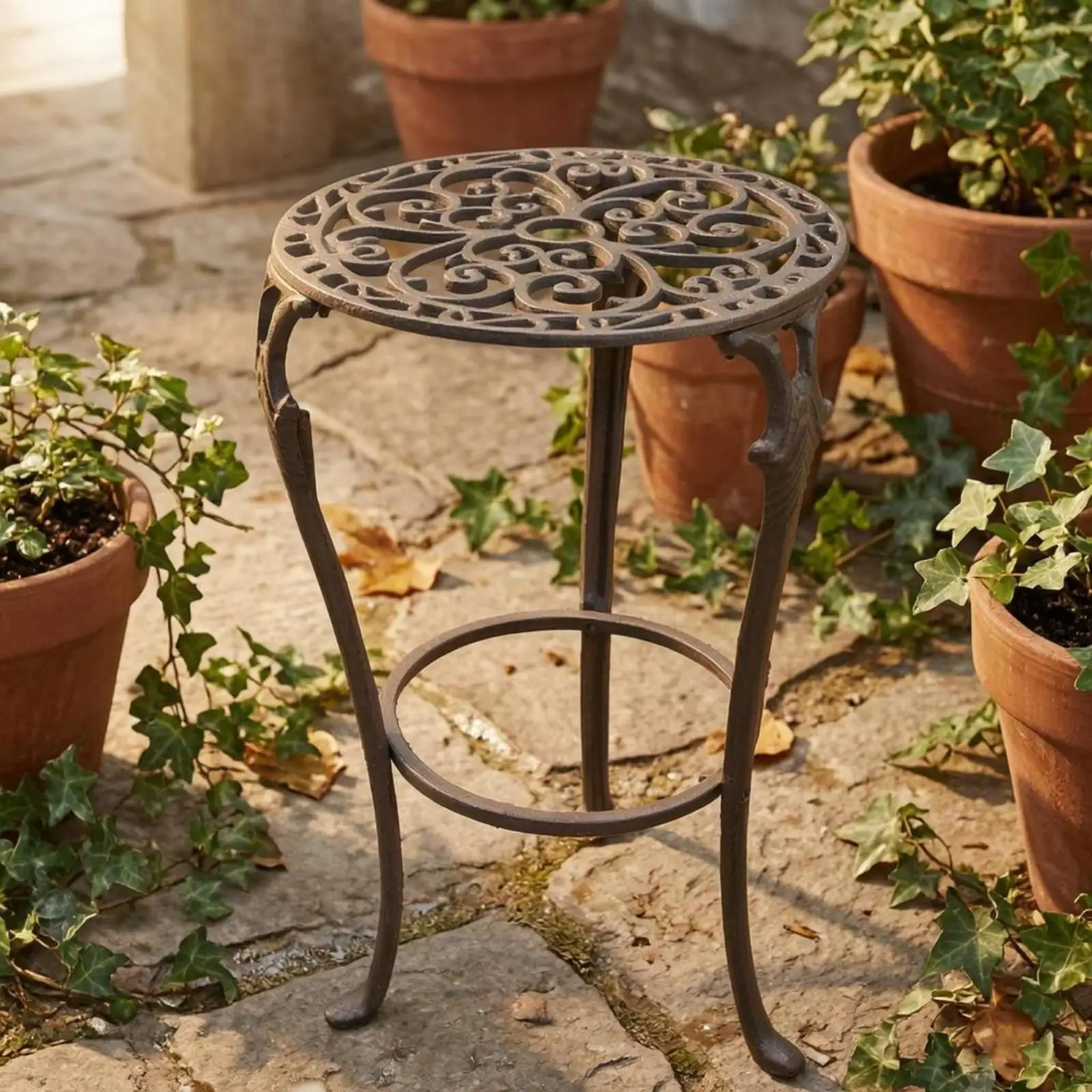 Curved Leg Iron Plant Holder for Outdoor Display of Flower Pots with Rustic Finish and Decorative Cutouts