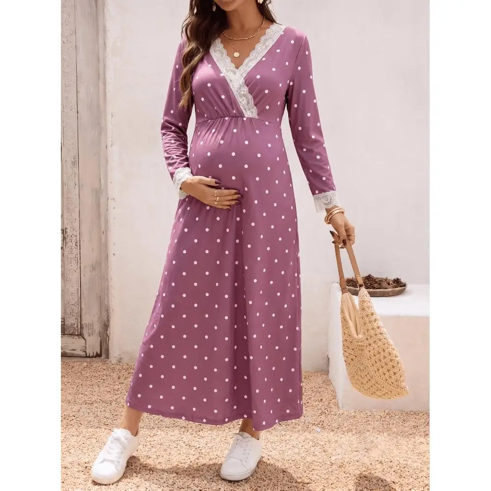 Maternity breastfeeding pajamas long-sleeved dress autumn winter comfortable loose nursing nightgown maternity wear