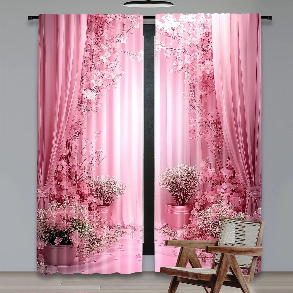2Pcs Romantic Pink Floral Print Art Window Curtains Stylish Home Decor For Bedroom Living Room Dining Room Study Office