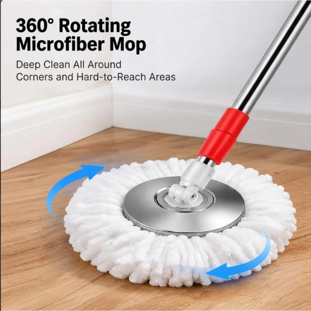 Spin Mop and Bucket Set with Wringer, 360° Rotating Microfiber Mop, 4 Reusable Heads, Hands-Free Floor Cleaning System