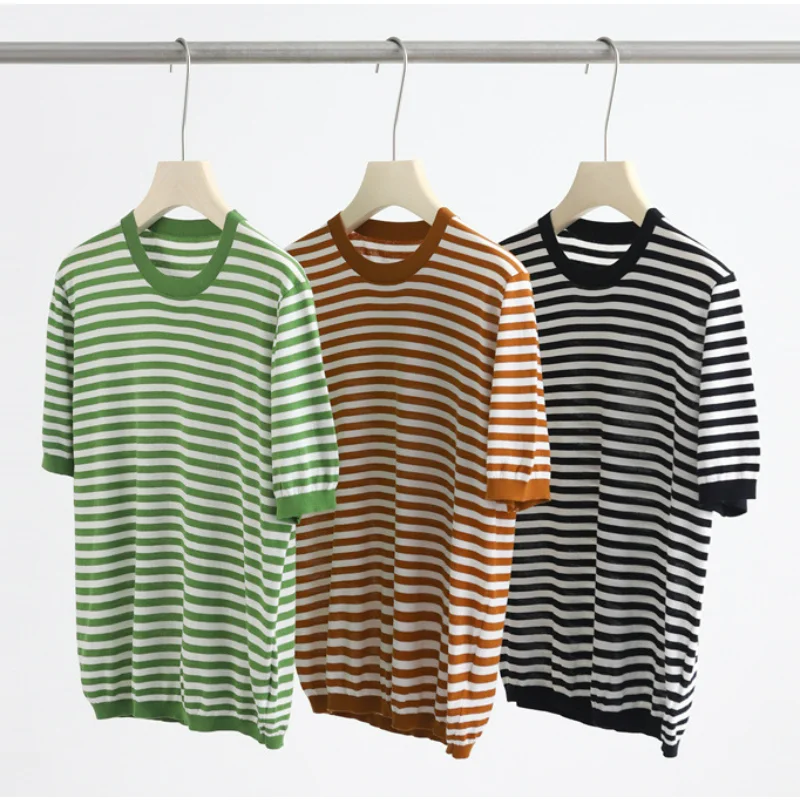 

Summer Striped T-shirts Women's Tops Light Thin Sweaters Short Sleeves Long-staple Cotton Round Neck Breathable Knit StripeTees