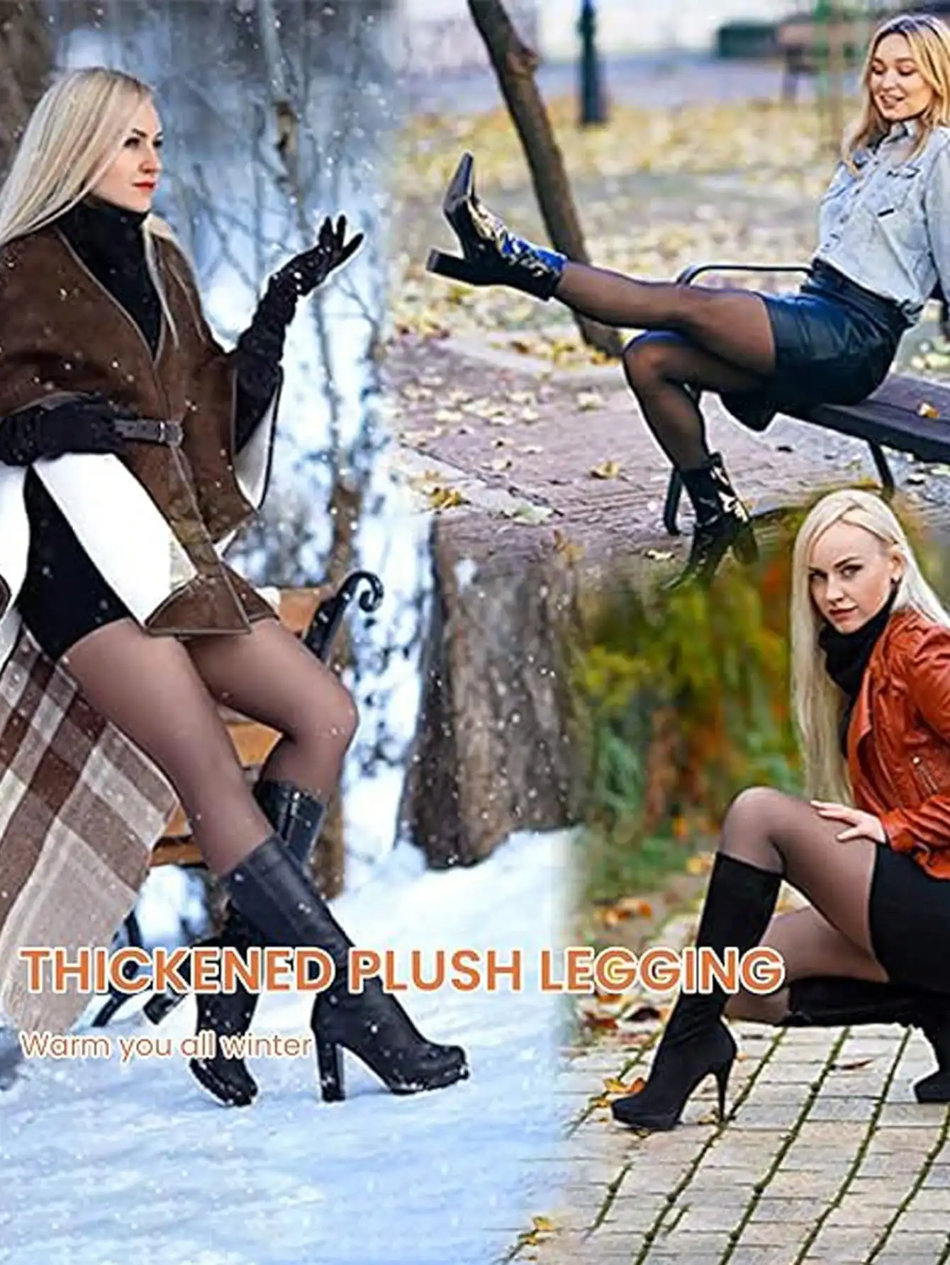 Women Fleece Lined Thermal Footed Tights High Waist Tummy Control Black Semi Sheer No Roll Hem Winter Warm Pantyhose