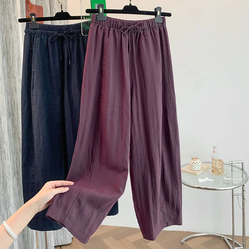Retro Harem Pants Women's Loose Fit Casual Trousers Elastic Waist Linen Blend Long Pants Versatile Comfortable Ladies Fashion