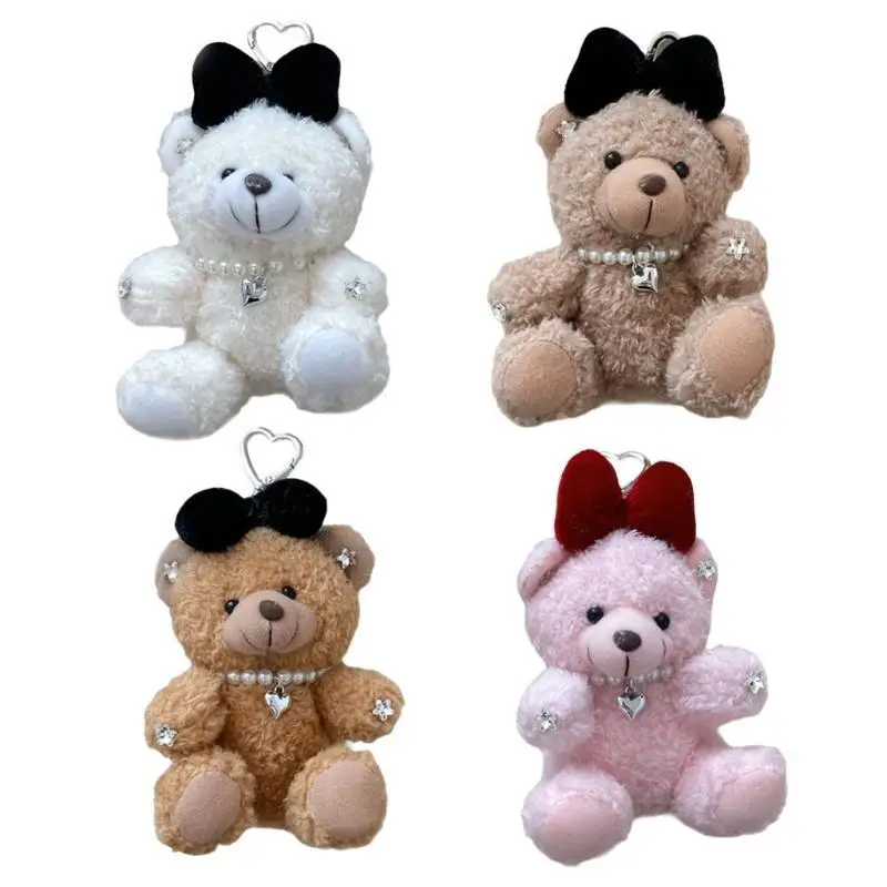 31BB Bowknot Plush Bear Keychain Charm Plush Bear with Bowknot Keychain Gentle Pendant Charm for Key Organization
