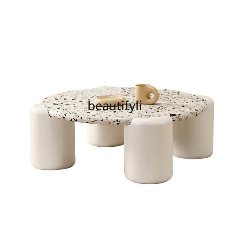 

Cream Style Terrazzo Coffee Table Living Room Home Small Apartment Modern Simple round Small Tea Table