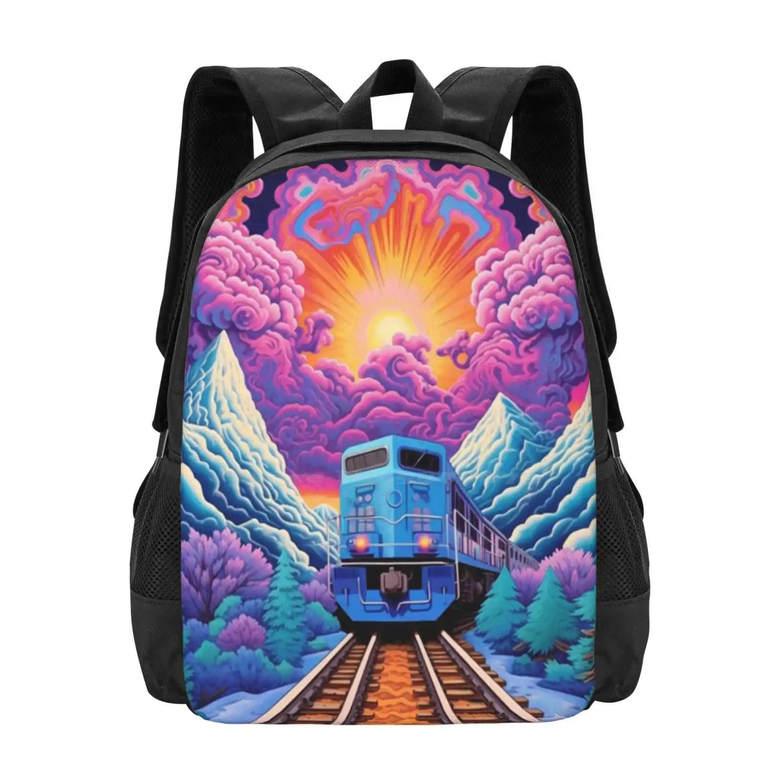 Psychedelic Train Coming Into The Station Hot Sale Schoolbag Backpack Fashion Bags Psychedelic Nature Trippy Mountains Colorful