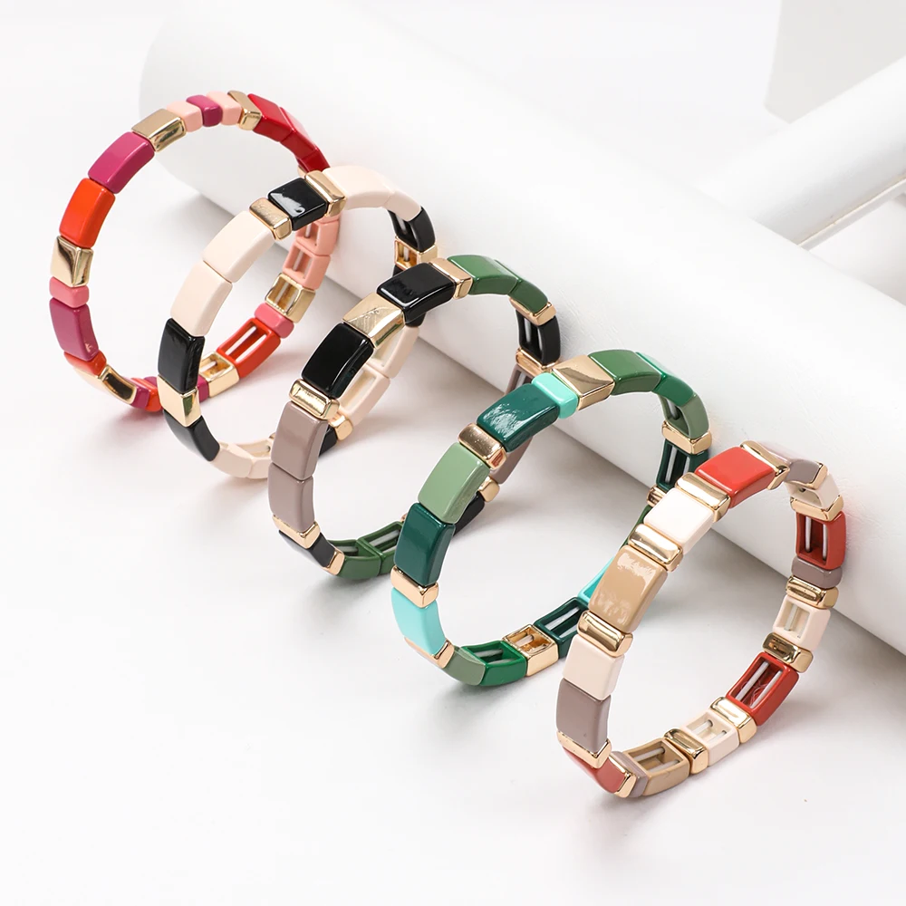 ZMZY 2025 jewellery New Design Elatic Rainbow Bracelets For Women Square Beads Bracelets Bohemian Metal Bangle Colorful Jewelry