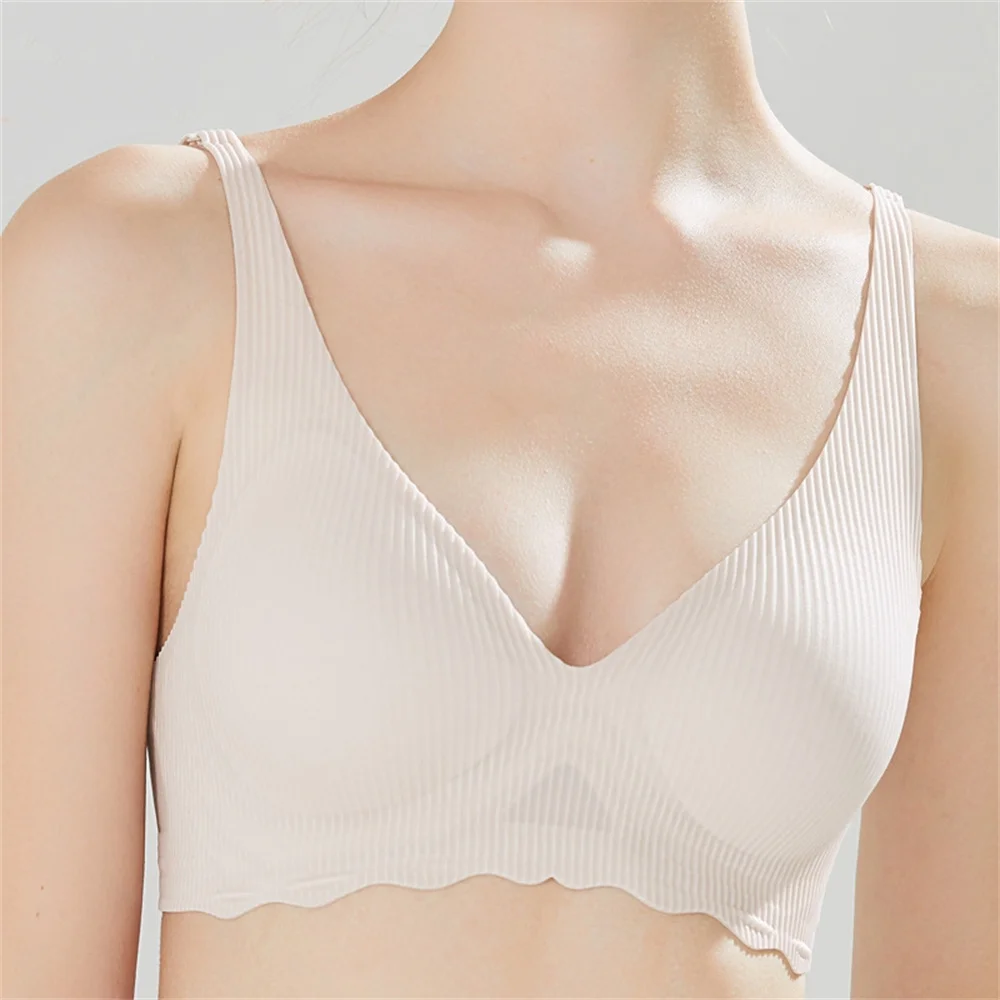 Women\'s Seamless Bra Small Chest Big Hollow Design Underwear Support Non-removable Semi-fixed Cup One Piece Striped Thin Bra