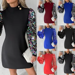 Women's 2025 Spring New Round Neck Fashion Button Lace Patchwork Long Sleeved Dresses Elegant Ladies Sequin Casual Office Dress