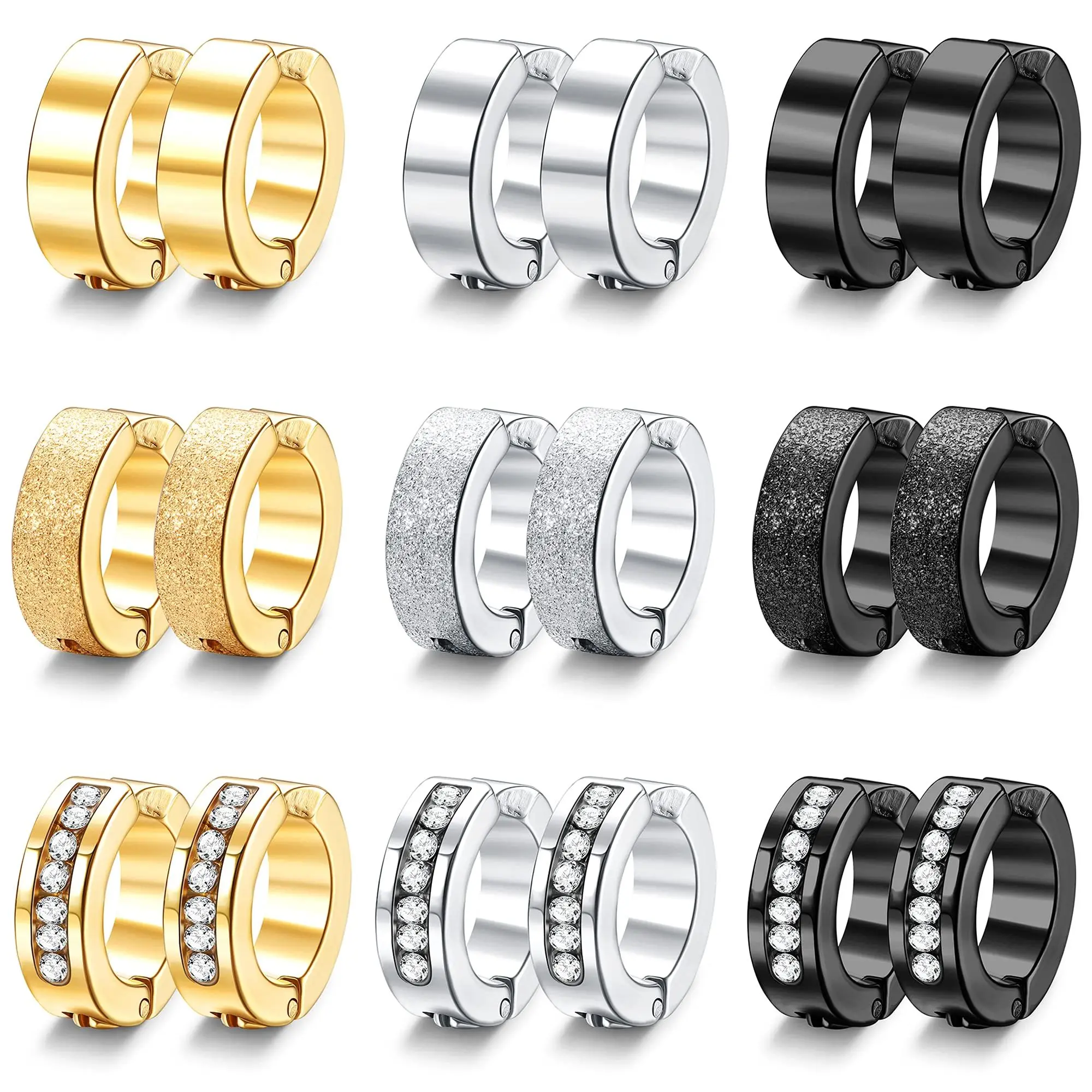 1 Pair/9 Pairs Non-Piercing Earrings Stainless Steel Clip On Hoop Earrings For Men Women Paved CZ Ear Clip Earrings Set