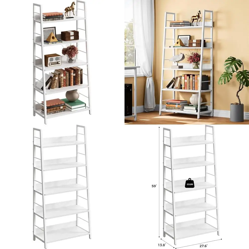 5-Tier Metal Frame Ladder Bookshelf - White, Modern Industrial Style for Living Room and Home Office Storage Solutions