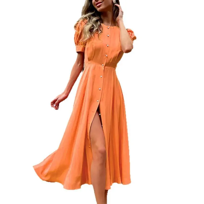 TOY-2025Summer New Solid Color Elegant Slim Fit High Waist Cardigan Button Mid-Length Dress