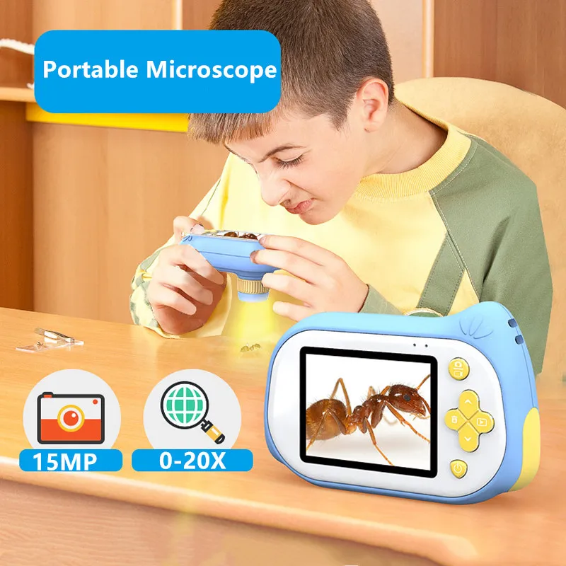 Kids Microscope Camera With 2 Inch Screen 200X HD Portable Pocket Macro Cam For Beginner Science 15MP Handheld Microscopes