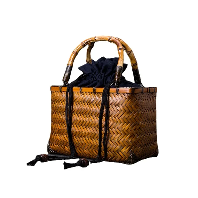 

Chinese Retro Woven Bag Women's Bento Tableware Storage Bundle Mouth Lining Style Handheld Basket Bamboo Handle Organizer