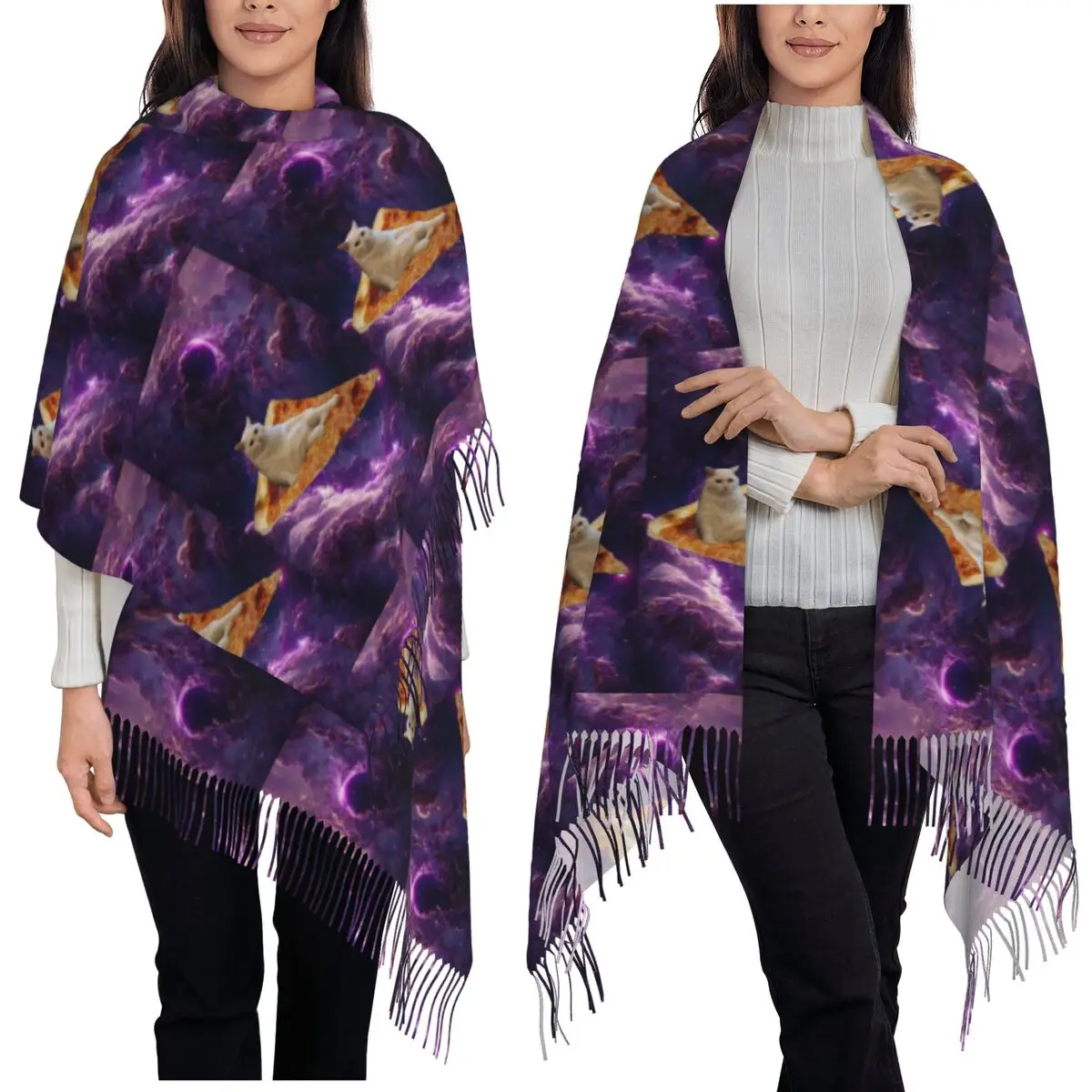 Space Pizza Cat Meme Scarf Tassel Scarves Women Soft Warm Shawls and Wraps Long Fall Winter Shawl Wrap