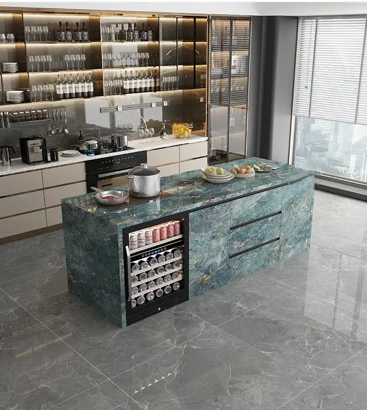 Natural Marble Kitchen Island with Storage & Wine Cooler, Customizable Luxury Cabinet, Waterproof Countertop for Spacious Home​​