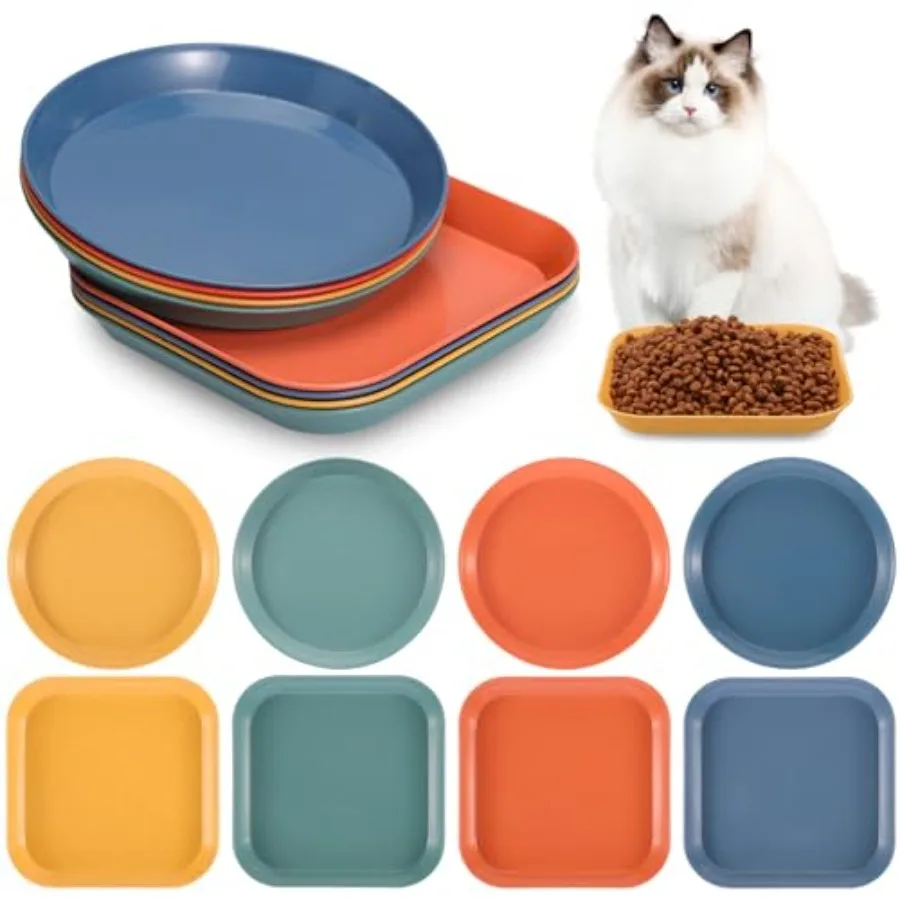 8-Piece Cat Food Bowl Set - Shallow Dish for Wet Feeding, Fatigue Relief, Round and Square Bowls for Cats and Small Dogs