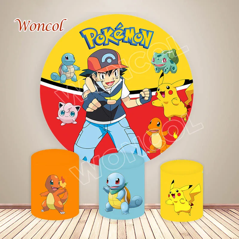 Pokemon Round Backdrop Kid Birthday Baby Shower Backdrop Charmander Squirtle Pikachu Cylinder Cover Party Decor Photocall Prop
