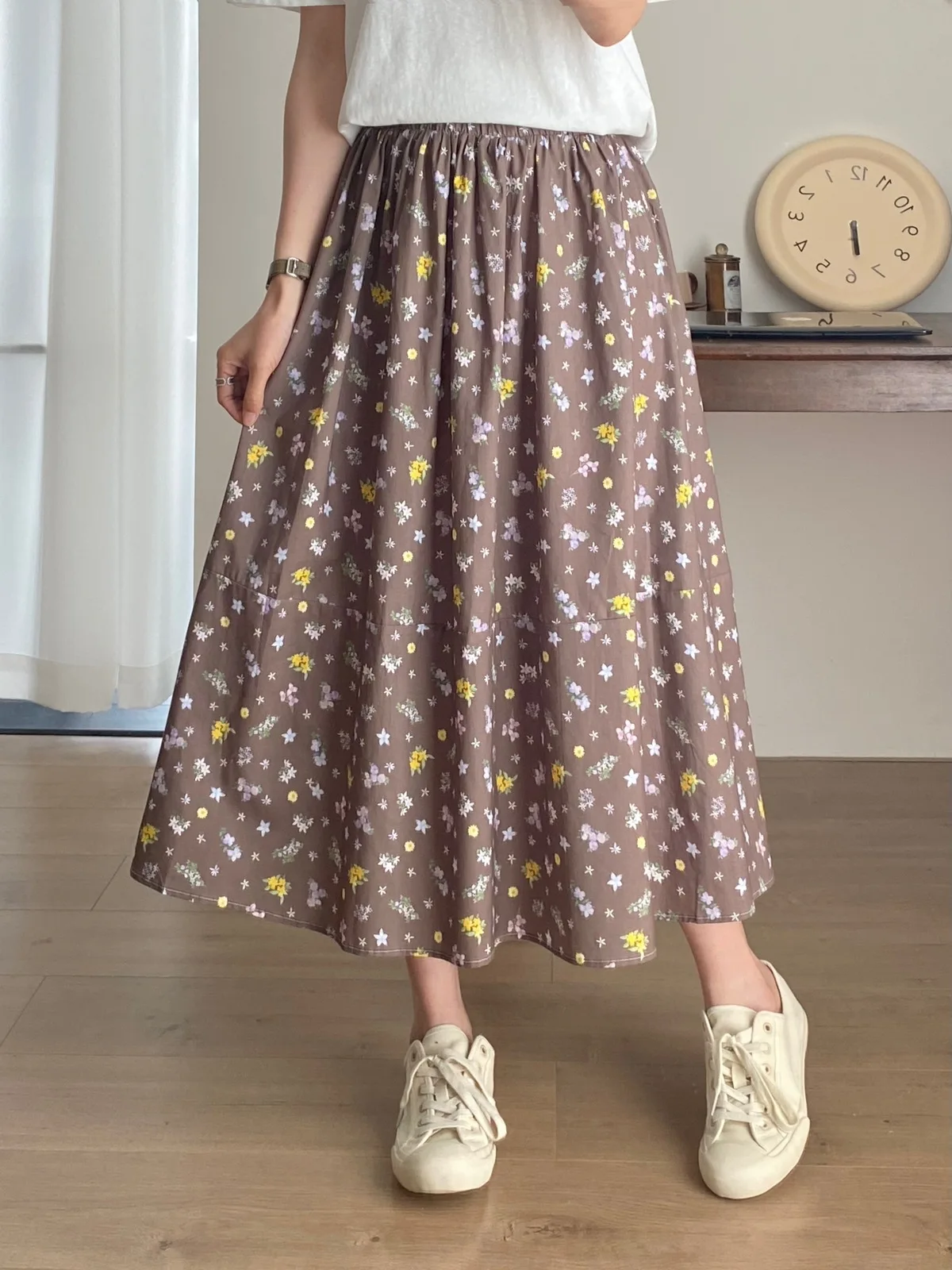 New Spring Cotton Flower Printed Skirt Women Elastic Waist Elegant Skirt Girl Appear Thin Literature Skirt 2024 Summer B44371QC