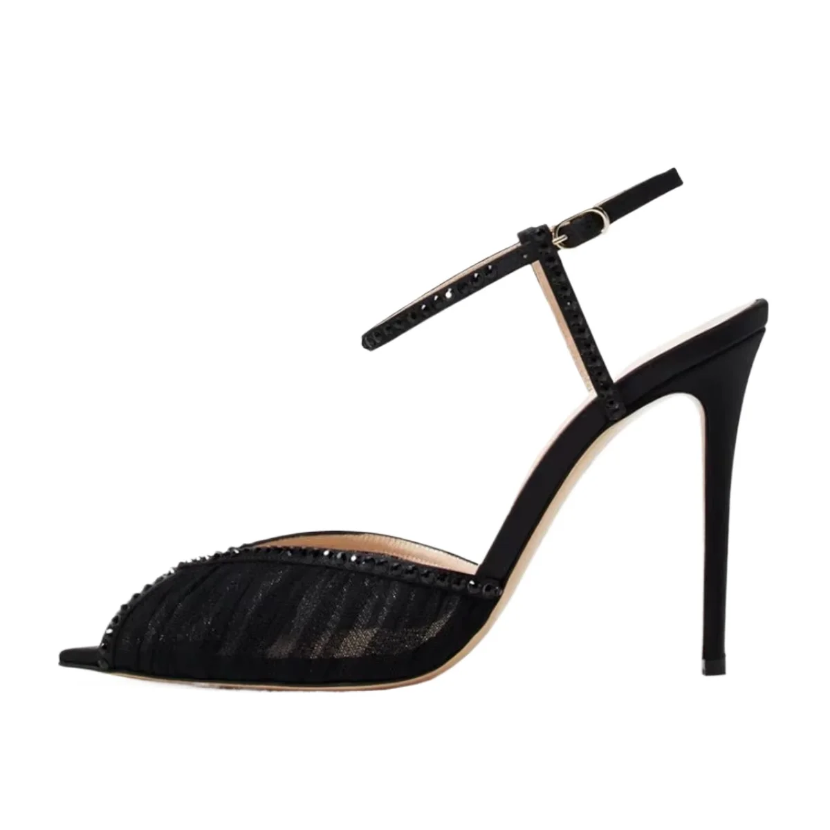 Arden Furtado Sommer Schwarze Mesh-Plissee-Sandalen mit Kristallen, Peeptoe, Spitze Zehenpartie, Super Hoher Absatz, Einriemige Schnalle