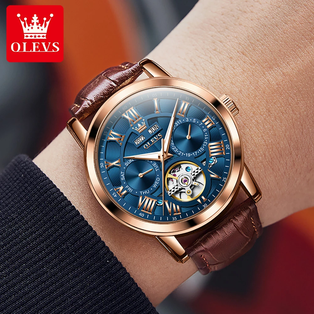 OLEVS 6668 Fashion Mechanical Watch Round-dial Genuine Leather Watchband