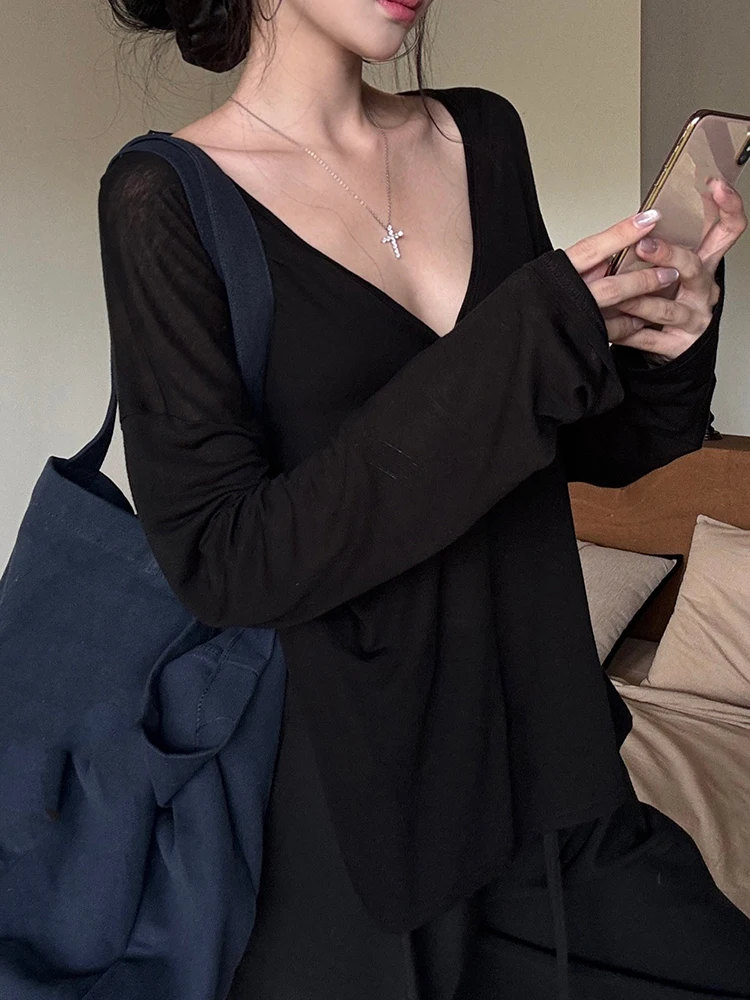 Mulheres oversized t camisa primavera verão com decote em v moda casual solto fino manga longa topo pullovers chique branco ver através camiseta