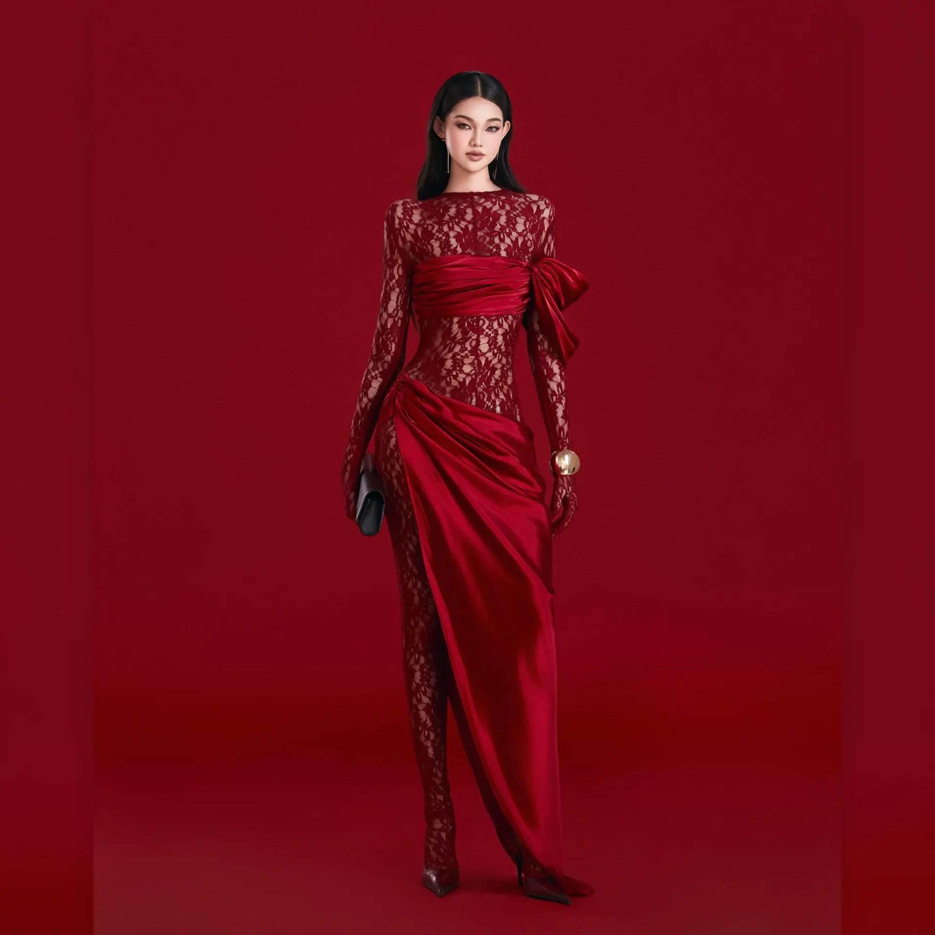 

Women's Burgundy Red Sheer Lace Evening Gown with Satin Ribbon High Slit Luxury Party Dress Waist Bow Gala Dressing Gowns 2026