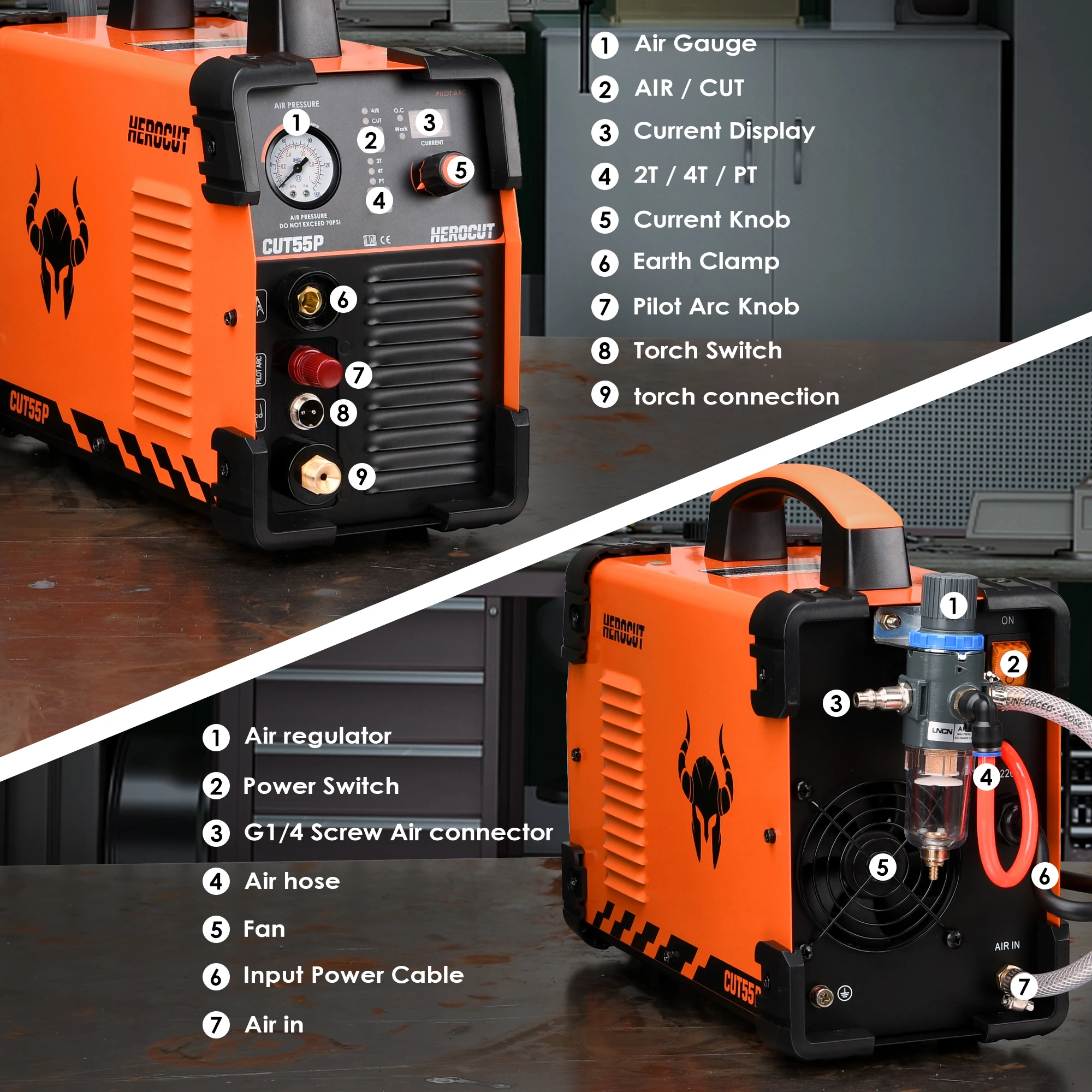 Cortador de plasma HEROCUTCUT55P, máquina de corte de plasma de 55Amps com 220V, cortadores de plasma de potência do inversor IGBT digital de arco piloto