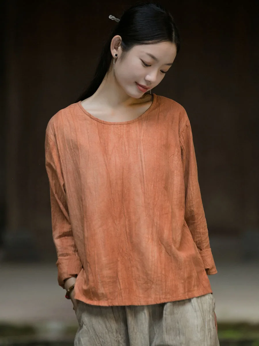 Simple Cotton Hemp Tie-Dyed Long Sleeve Top Women's Autumn New Loose Round Neck Pullover Fashion Casual T-Shirt