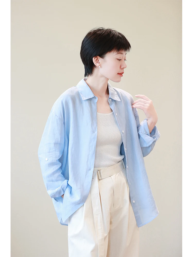 

Lightweight Comfortable Long Sve Women's irt Linen Material Easy to Roll up Sves Air Conditioning Sun Protection Top