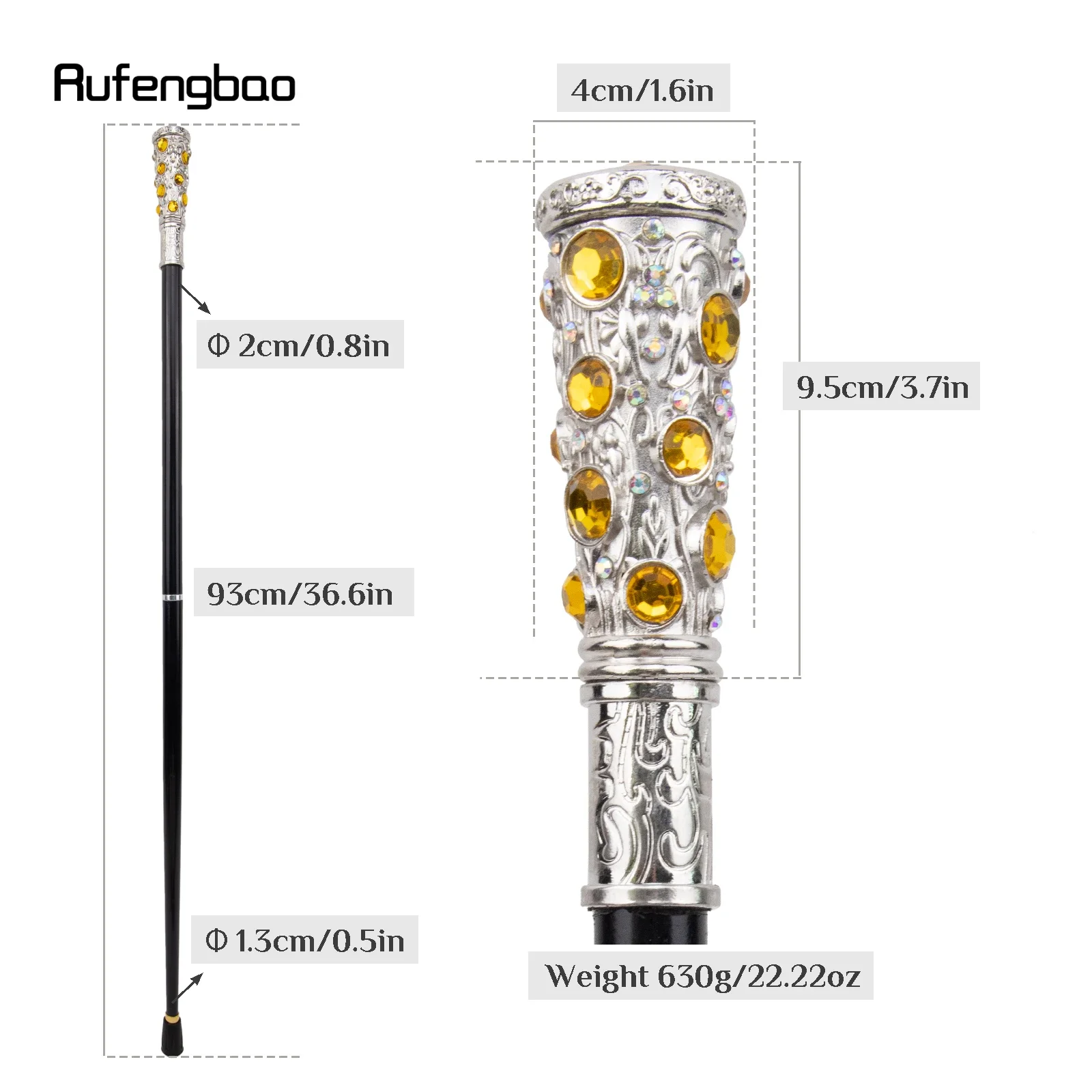 Bastone da passeggio con diamante artificiale bianco giallo Bastone da passeggio decorativo alla moda Gentiluomo Elegante pomello per canna cosplay Crosier 93 cm