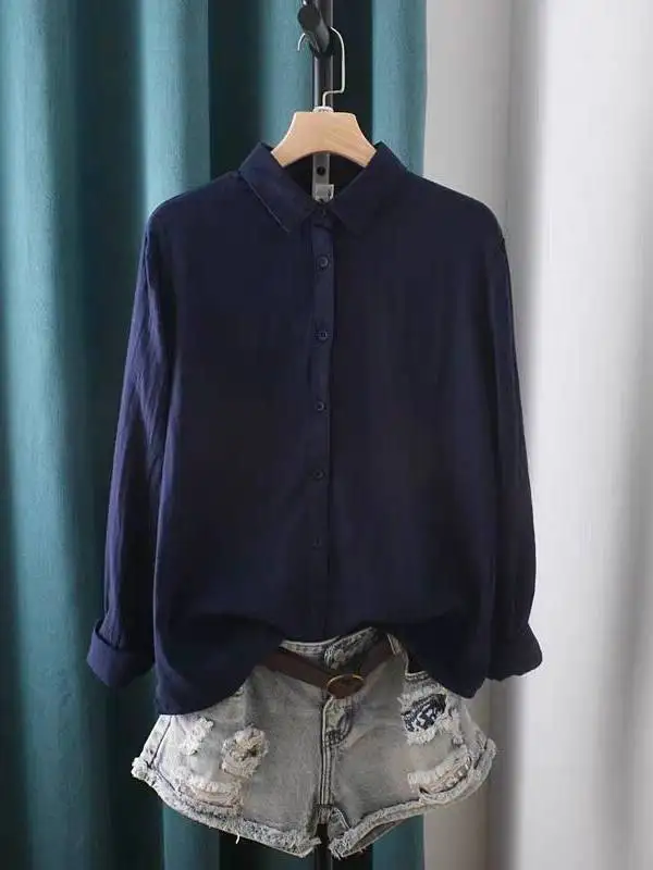 

Women's Retro Turn-down Collar Color Cotton Linen Versatile Base Long Sleeve Shirt Spring Summer Simple Style Top