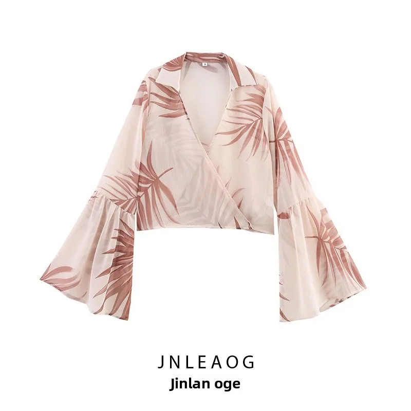 

JNLEAOG Spring New Women's Faion Design Bell Sve Printed irt Casual Loose Polyester V-ne ort Length Button Crt