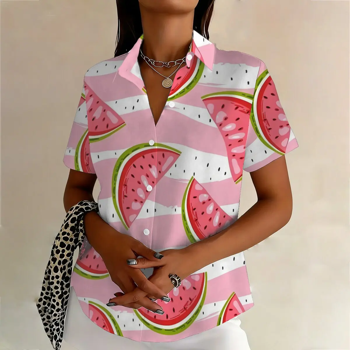 Plus-size watermelon print short-sleeved women's shirt, loose fit, slimming, casual summer top.