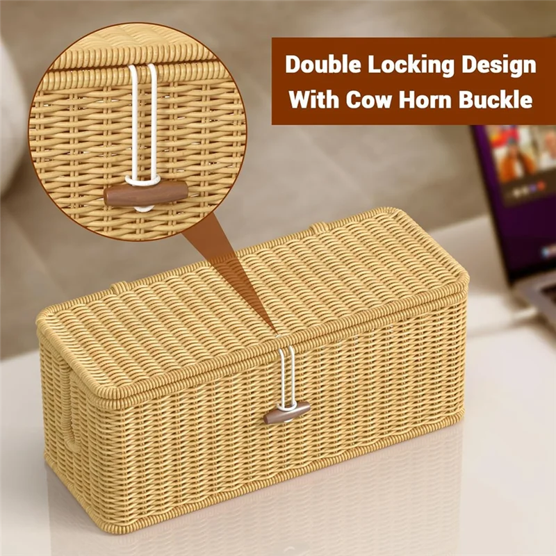 

AT43-Cable Management Box, Power Strip Organizer With Locked Cover,Handmade Rattan Cable Organizer Cords Hider,Cord Organizer